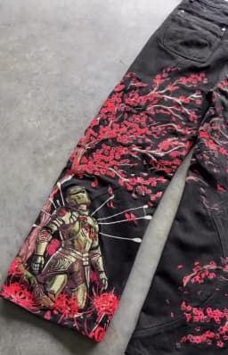 Y2k Vintage Red Spider Lily Fallen Knight Embroidery Jeans Baggy Straight Denim Pants Punk Rivet Cargo Pants Men Clothes Jeans