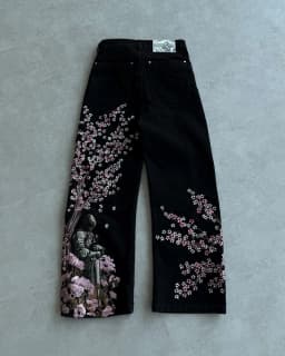 Y2k Vintage Red Spider Lily Fallen Knight Embroidery Jeans Baggy Straight Denim Pants Punk Rivet Cargo Pants Men Clothes Jeans