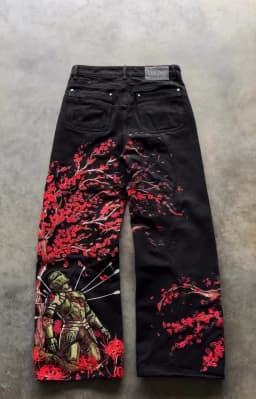 Y2k Vintage Red Spider Lily Fallen Knight Embroidery Jeans Baggy Straight Denim Pants Punk Rivet Cargo Pants Men Clothes Jeans