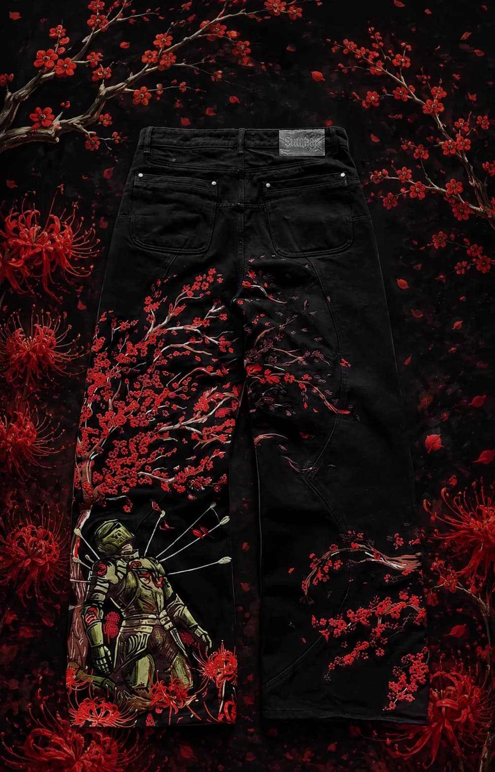 Y2k Vintage Red Spider Lily Fallen Knight Embroidery Jeans Baggy Straight Denim Pants Punk Rivet Cargo Pants Men Clothes Jeans