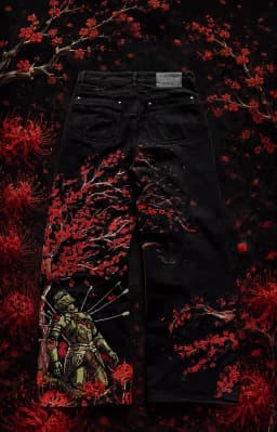 Y2k Vintage Red Spider Lily Fallen Knight Embroidery Jeans Baggy Straight Denim Pants Punk Rivet Cargo Pants Men Clothes Jeans