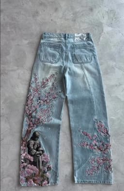Y2k Vintage Red Spider Lily Fallen Knight Embroidery Jeans Baggy Straight Denim Pants Punk Rivet Cargo Pants Men Clothes Jeans