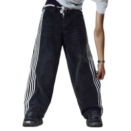 Combhasaki Women's Y2K Vintage Button Waist Wide Leg Denim Long Pants Side Striped Print Loose Pocket Jeans Trousers Streetwear