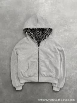 Gothic Harajuku Women Men Autumn Winter Reversible Hoodie Coat Casual Retro Leopard Print Zipper Hoodie Loose Black Grey Top