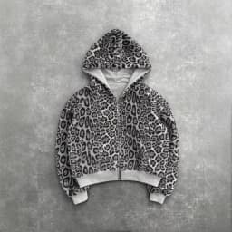 Gothic Harajuku Women Men Autumn Winter Reversible Hoodie Coat Casual Retro Leopard Print Zipper Hoodie Loose Black Grey Top