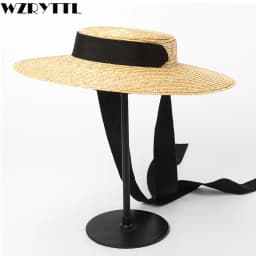 Wide Brim Boater Hat Brim Straw Hat Flat Women Summer Kentucky Derby Hat White Black Ribbon Tie Sun Hat Beach Cap