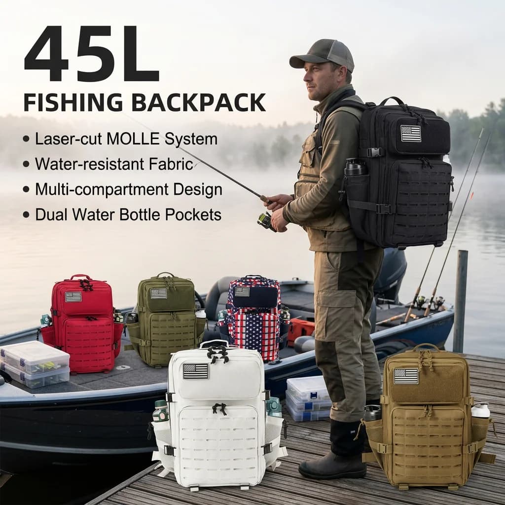 45L Large Capacity Tactical Fishing Backpack For Men With MOLLE Webbing System Dual Cup Holders Outdoor Survival Hiking Camping Rucksack For Wilderness Trip Travel Daily Work Commute Outdoor Camping Activities Gear Storage Backpack