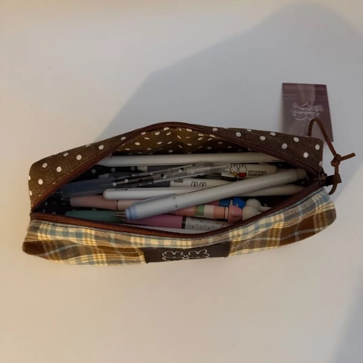 Kawaii Miffy Pencil Case Cute Cartoon Miffy Pencil Case Instagram Style Brown Checkered Large Capacity Student Stationery Bag