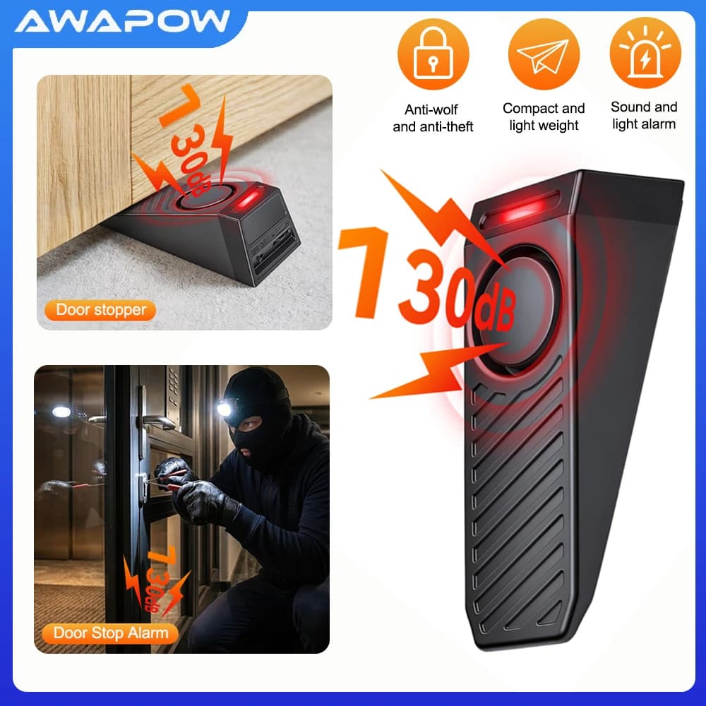 Awapow Door Stopper Security Alarm Rechargeable 130dB Loud Home Wedge Shaped Stopper Travel Mini Anti-theft Wedge Shaped