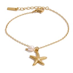 Yhpup Ocean Series Stainless Steel Natural Pearl Starfish Drop Bracelet Bangle Vacation Jewelry for Women Tropical