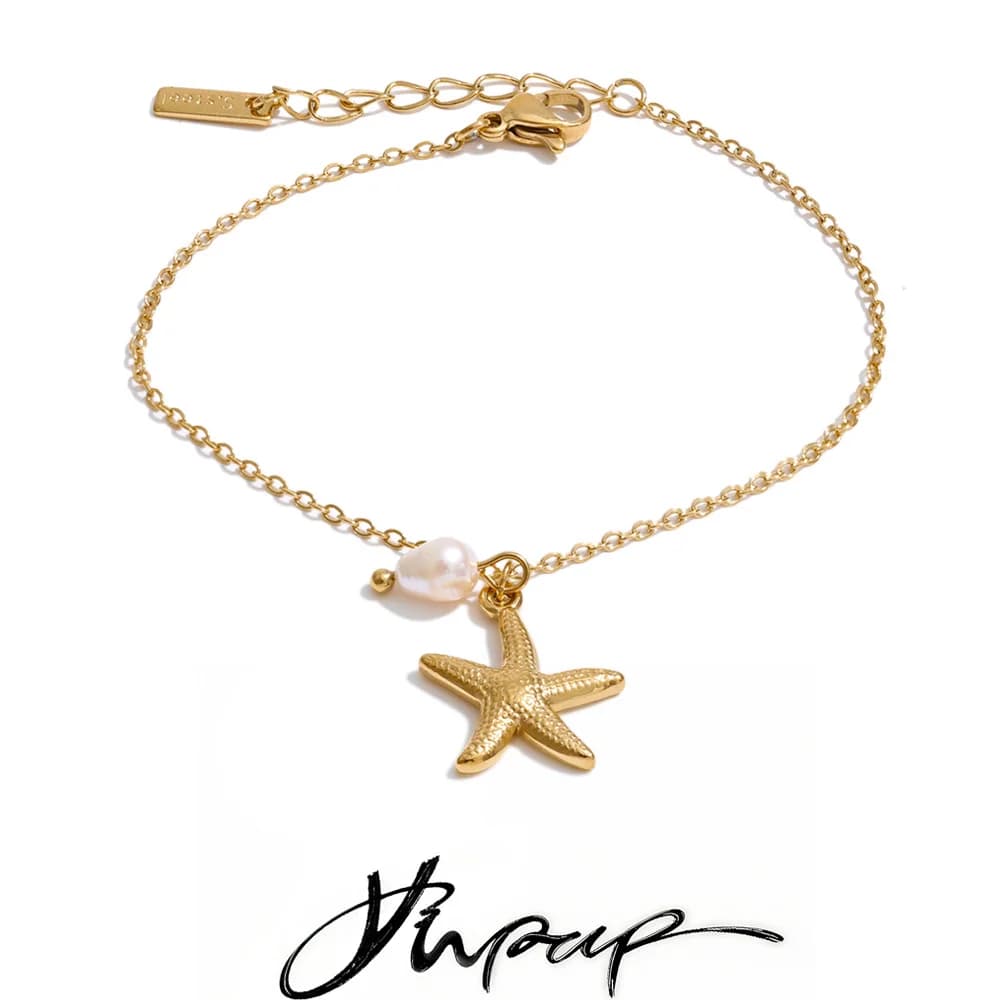 Yhpup Ocean Series Stainless Steel Natural Pearl Starfish Drop Bracelet Bangle Vacation Jewelry for Women Tropical