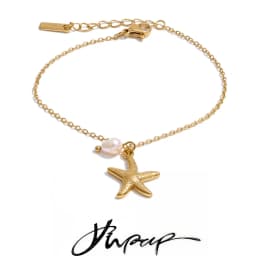 Yhpup Ocean Series Stainless Steel Natural Pearl Starfish Drop Bracelet Bangle Vacation Jewelry for Women Tropical