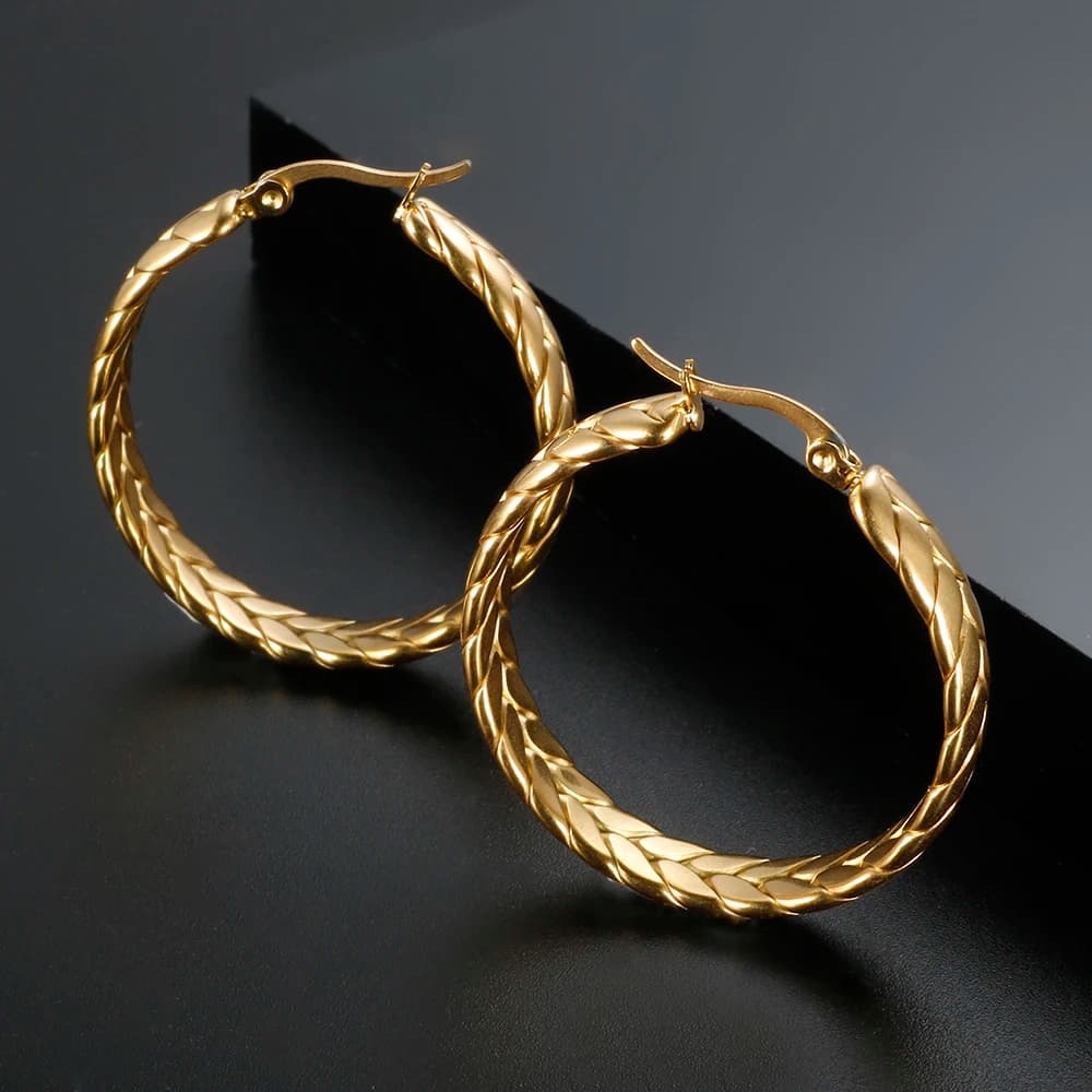 Hot Sale Wheat Ears Shape Twisted Hoop Earrings For Women Girl Vintage Stainless Steel Textured Earring Gold Color Jewelry