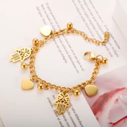 Trendy Stainless Steel Palm Heart Bracelet For Women Girl Gold Color Cuban Link Chain Round Ball Bracelets 18 K Plated Jewelry