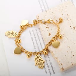 Trendy Stainless Steel Palm Heart Bracelet For Women Girl Gold Color Cuban Link Chain Round Ball Bracelets 18 K Plated Jewelry