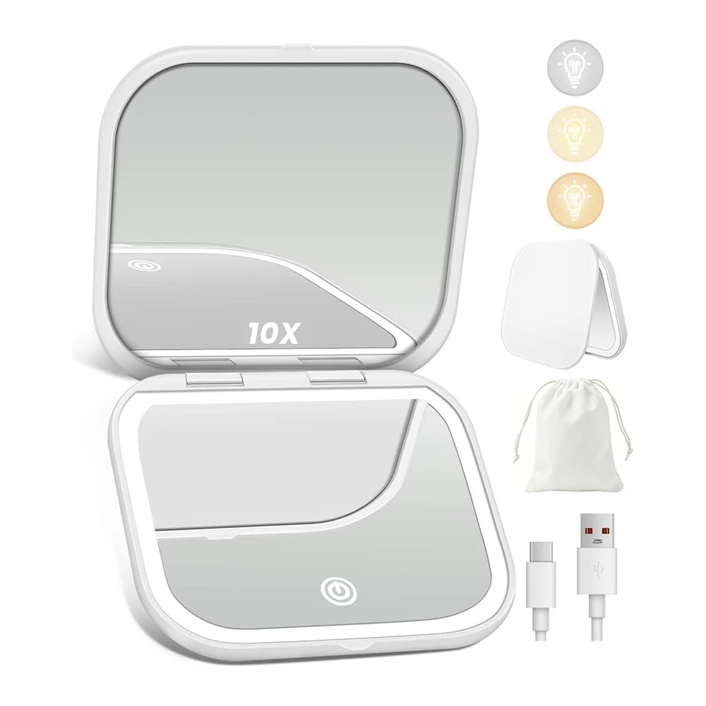 Makeup Mirror with Lights, 1X/10X Magnification Double Sided Portable Foldable Lighted Travel Mirror 3 Color Lighting for Gifts