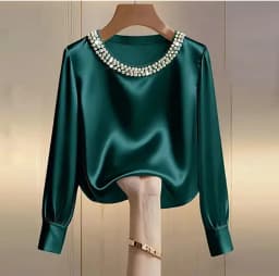 Elegant Satin Shirt Women Spring Autumn Bead Design Long Sleeve Silk Blouse Women Fashion O Neck Loose Pullover Tops