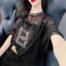 Fashion Geometric Diamonds Shirt Casual Gauze Spliced 2025 Summer Round Neck All-match Female Clothing Loose Short Sleeve Blouse