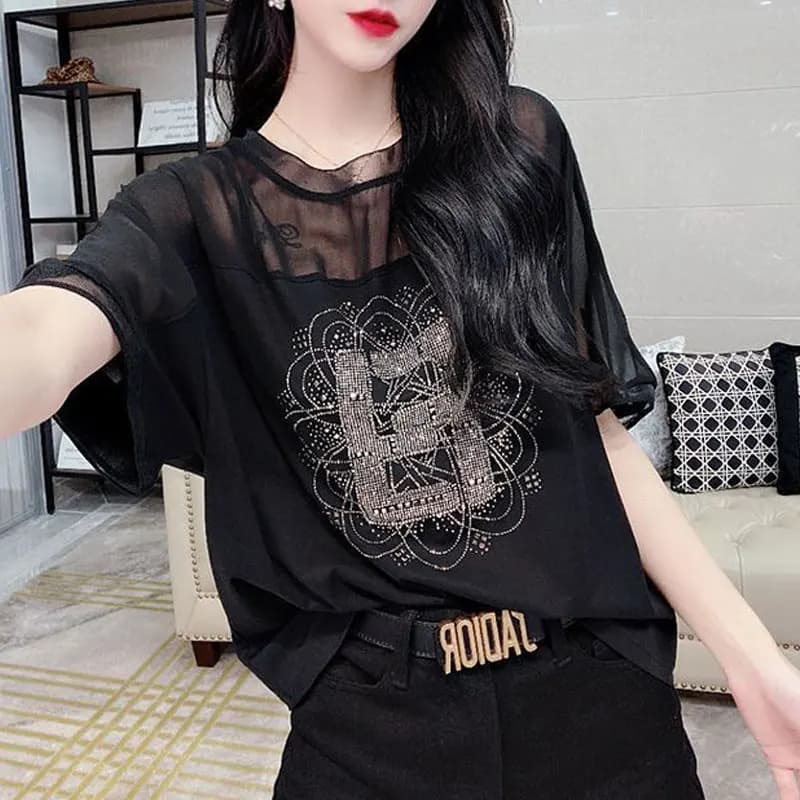 Fashion Geometric Diamonds Shirt Casual Gauze Spliced 2025 Summer Round Neck All-match Female Clothing Loose Short Sleeve Blouse