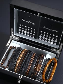 61 pcs of retro casual men's earrings+bead bracelet set for men's daily wear, gifts for boyfriends and friends during holidays