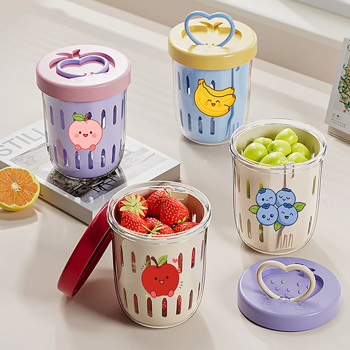 WORTHBUY Portable Oat Container Double-Layer Drain Fruit Cup Reusable Leak Proof Plastic Salad Cup Breakfast Cup With Fork&Handl