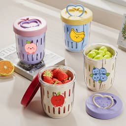 WORTHBUY Portable Oat Container Double-Layer Drain Fruit Cup Reusable Leak Proof Plastic Salad Cup Breakfast Cup With Fork&Handl