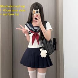 Preppy Style JK Uniform Set White Three Stripes Design Navy Blue Skirt Japanese School Inspired Basic Campus Outfit For Girls