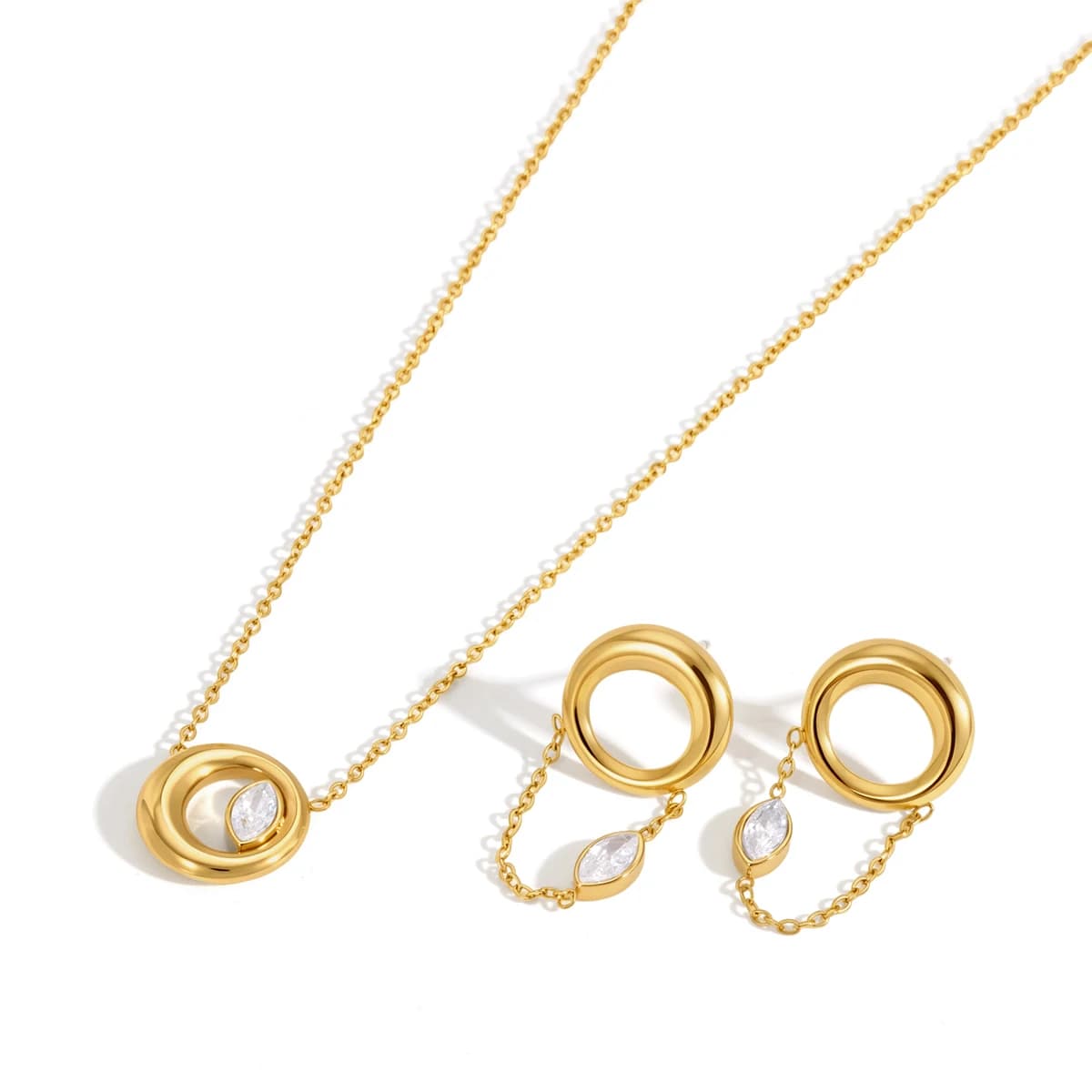 Youthway New Chic 18K Gold PVD Plated Zircon Round Necklace Earring Set For Women Fashion Stainless Steel Waterproof Jewelry