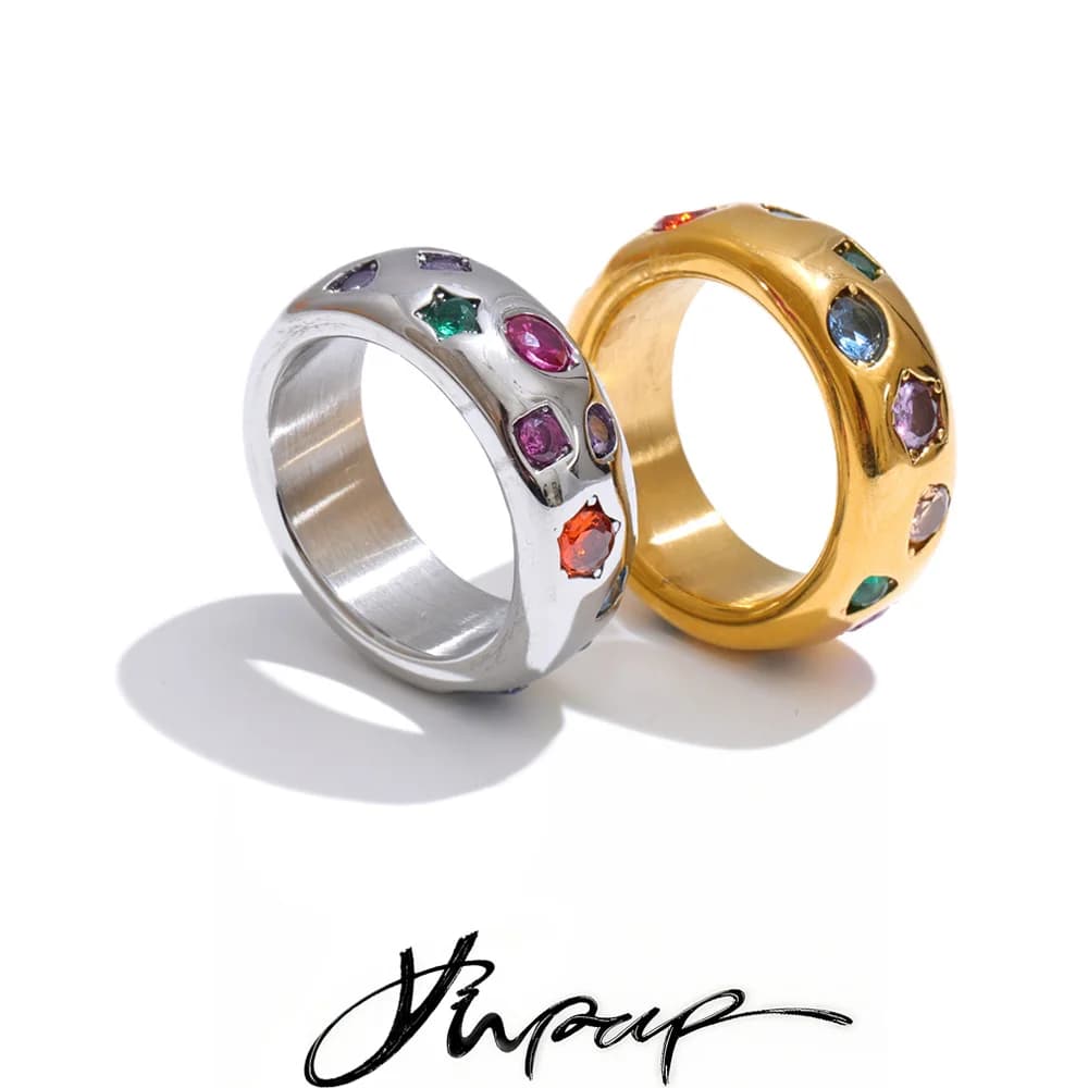 Yhpup Size 6789 Stainless Steel Colorful Cubic Zirconia Casting Ring High Quality Fashion Metal Delicate Stylish Popular Jewelry