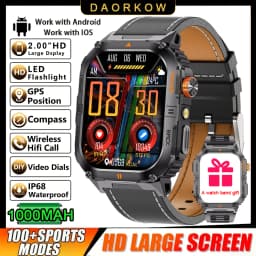 2026 1000mAh military outdoor smartwatch 2.01 inches LED flashlight IP68 waterproof Heart rate sleep Bluetooth call sport watch
