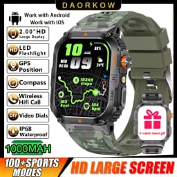 2026 1000mAh military outdoor smartwatch 2.01 inches LED flashlight IP68 waterproof Heart rate sleep Bluetooth call sport watch