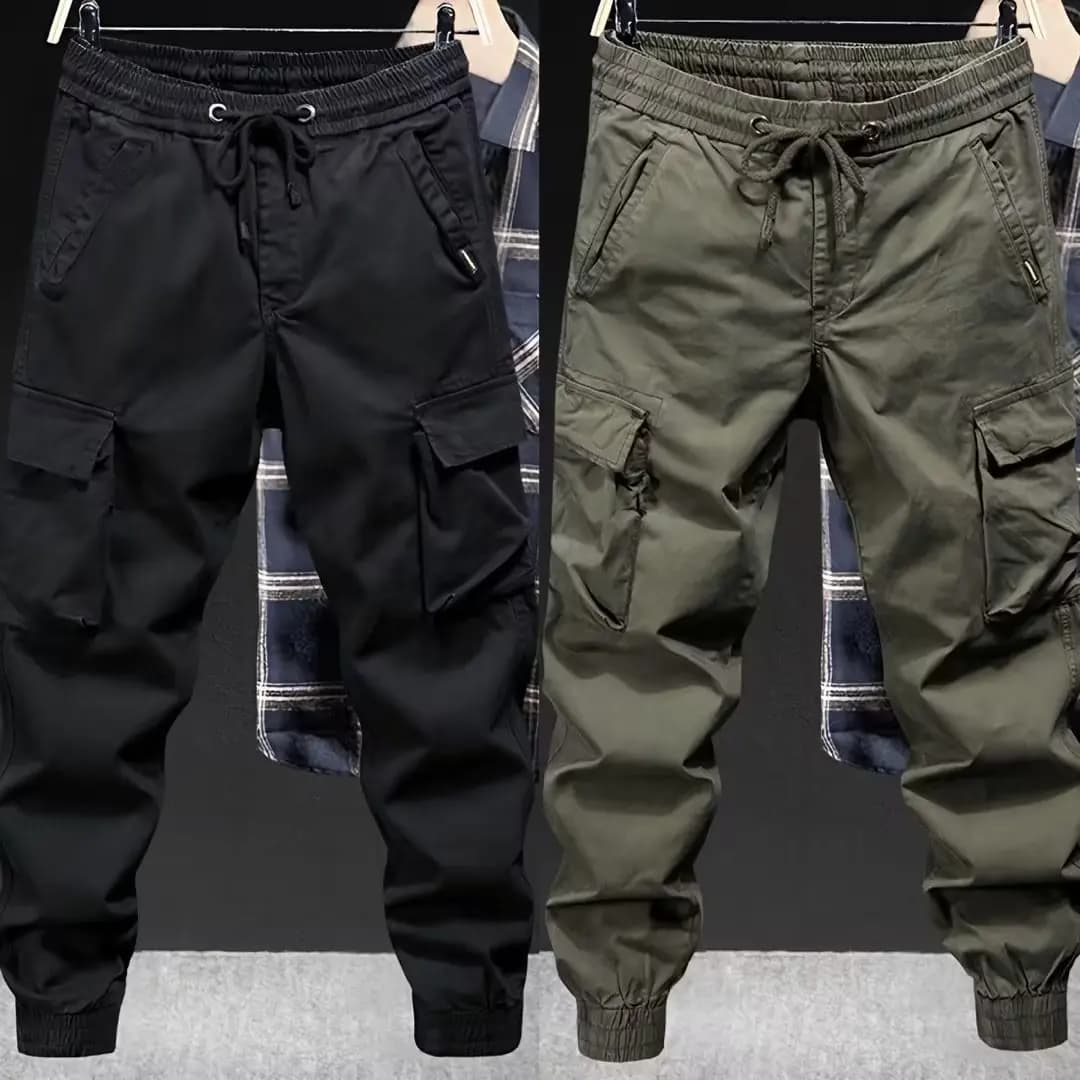 Male Drawstring Elastic Waist Cargo Jogger Pants Loose Multi‑Pocket Solid Color Trousers Outdoor Casual Long Pants Spring Autumn