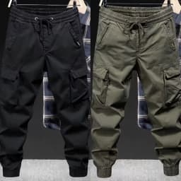 Male Drawstring Elastic Waist Cargo Jogger Pants Loose Multi‑Pocket Solid Color Trousers Outdoor Casual Long Pants Spring Autumn