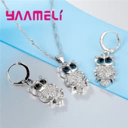 Shining Full African AAA Crystal Owl Pendant Necklace Earrings Sets Women Best Gifts 925 Sterling Silver Color Party Accessory