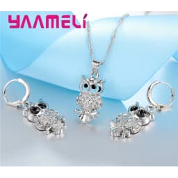 Shining Full African AAA Crystal Owl Pendant Necklace Earrings Sets Women Best Gifts 925 Sterling Silver Color Party Accessory
