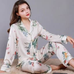 Women 2 Pieces Mulberry Silk Pajama Set Long Sleeve Top & Pants Ice Silk Loungewear Luxury Sleepwear Spring Autumn Casual Home C