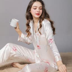 Women 2 Pieces Mulberry Silk Pajama Set Long Sleeve Top & Pants Ice Silk Loungewear Luxury Sleepwear Spring Autumn Casual Home C
