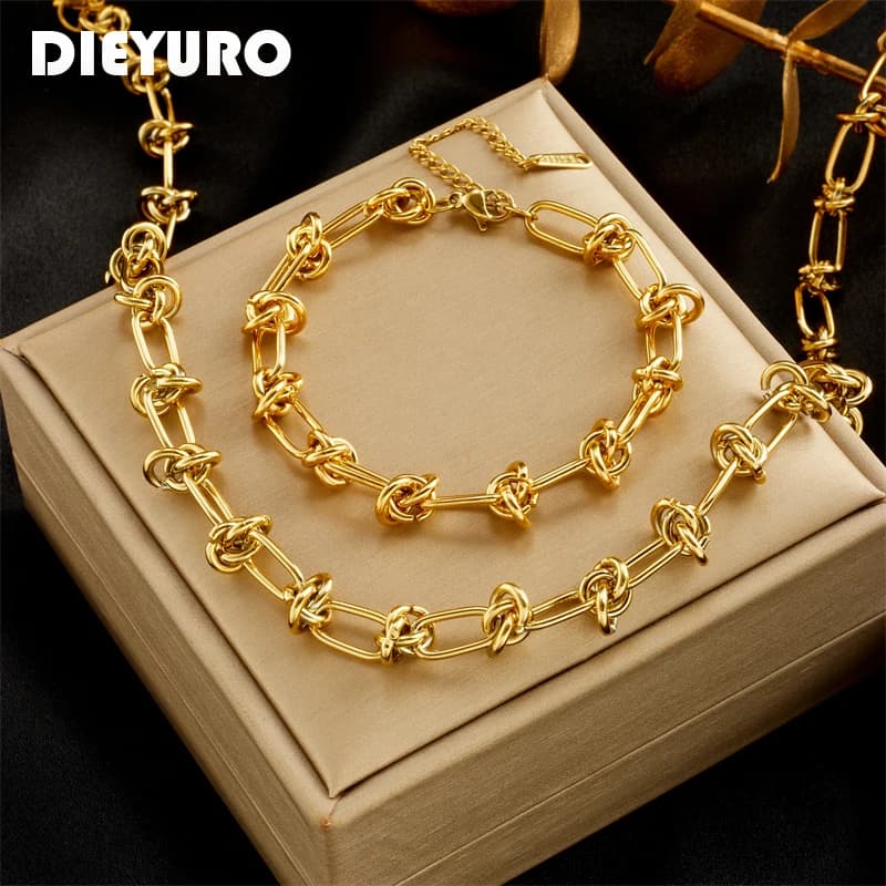 DIEYURO 316L Stainless Steel Gold Silver Color Twist Knot Necklace Bracelets For Womens Girl New Fashion Non-fading Jewelry Set