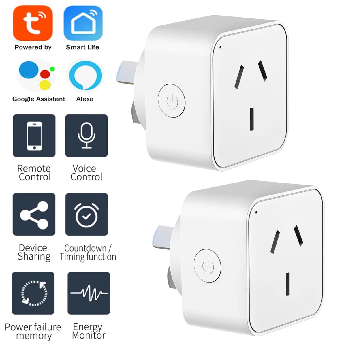 AU Tuya Smart WiFi Plug and Socket, With Energy Monitor, Voice Control Alexa/Google, Remote Control and Timer 2.4G WiFi 16A