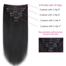 Clip-in Hair Extensions Straight Real Human Hair Seamless 120g Natural Black Human Clip-In Extensions Invisible Straight 8Pcs