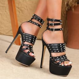 Unisex Big Size 42 Sexy Rivets Super High Heels Ankle Strap Platform Sandals Women Punk Black Party Shoes Stiletto Valentines