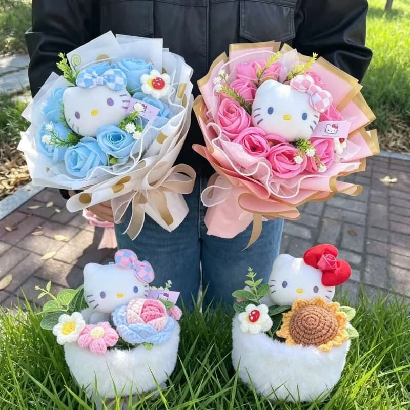 Genuine Hello Kitty Plush Toy Anime Stuffed Animals Keychains Creative Handmade Bouquets Christmas Vanlentine Birthday Gifts