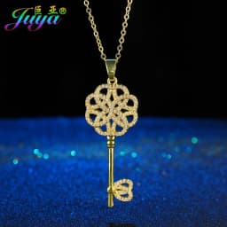 Juya 18K Gold Plated Cubic Zirconia Floating Flower Key Pendant Necklace Handmade Women Chocker Necklace Birthday Gift Jewerlry