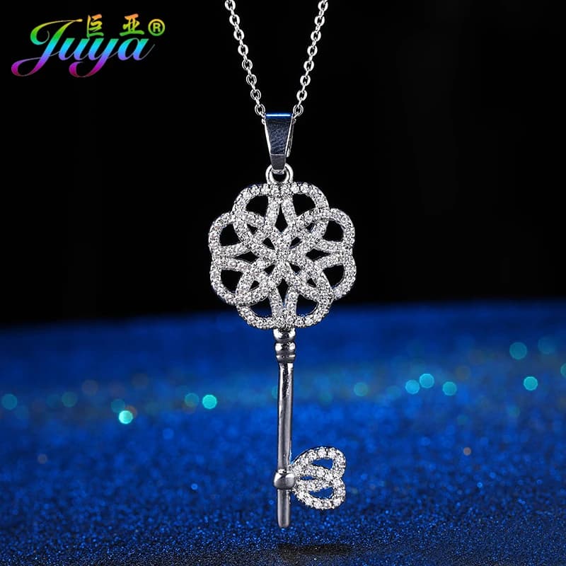 Juya 18K Gold Plated Cubic Zirconia Floating Flower Key Pendant Necklace Handmade Women Chocker Necklace Birthday Gift Jewerlry