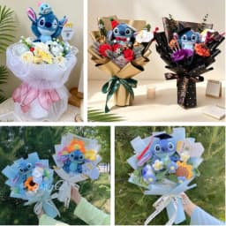 Genuine Stitch Plush Dolls Small Pendant With Artificial Flowers Handmade Bouquets Gifts For Valentine Graduation Christmas
