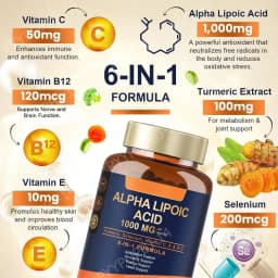 Alpha Lipoic Acid 6-in-1 Formula 1000mg,Antioxidant,Immunity,Energy Support,with Turmeric,Selenium,Vitamin C, E & B12,120 Count
