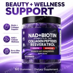 NAD+ Resveratrol Biotin Gummies, Collagen Keratin Zinc D3 K2 Blend, Berry Flavor for Hair Skin Beauty Wellness Support, 60 Count