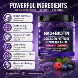 NAD+ Resveratrol Biotin Gummies, Collagen Keratin Zinc D3 K2 Blend, Berry Flavor for Hair Skin Beauty Wellness Support, 60 Count