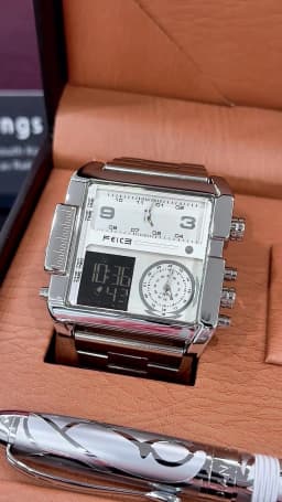 FEICE Men's Watch Large Dial Waterproof Wristwatch Business Quartz Square Multifunction Stainless Steel Strap Waterproof FK030
