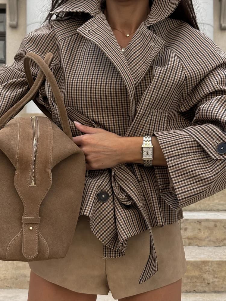 Plaid Windbreaker Grid Jacket Lapel Collar Double Breasted Trench Woman Coat Waist Tie Belt Long Sleeve Short Top Casual Clothes